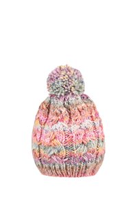 Knitted beanie with a multicolored pattern in pink, yellow, and green. Features a fluffy pom-pom on top and a ribbed hem.