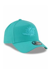 Turquoise baseball cap with a curved visor, featuring an embroidered dolphin logo and a structured crown. Made from textured fabric.