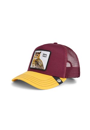 Red and yellow cap with a mesh back, featuring an embroidered owl patch along with the text "REAL TALK" on the front.