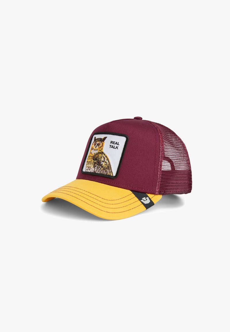 Red and yellow cap with a mesh back, featuring an embroidered owl patch along with the text "REAL TALK" on the front.