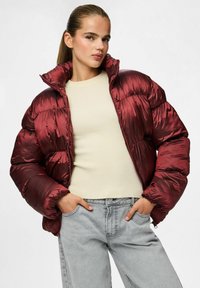 Bordo pūkų striukė su blizgiu paviršiumi, aukštu apykakle ir elastingomis rankovėmis, dėvima ant šviesiai smėlio spalvos raštuoto megztinio ir pilkų džinsų.