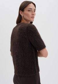 Pull court en maille marron tout doux à manches courtes avec une coupe ample et une texture douce, dotée d'un col rond et d'un ourlet légèrement court.
