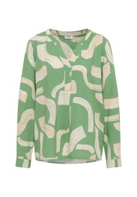 Zielona bluzka z długim rękawem w kremowy abstrakcyjny wzór pociągnięć pędzla, dekolt w serek, prosty krój oraz zapinane na guziki mankiety. Wykonana z lekkiego materiału.