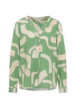 Grüne Bluse mit langen Ärmeln und cremefarbenem abstraktem Pinselstrichmuster, V-Ausschnitt, geradem Schnitt und geknöpften Manschetten. Hergestellt aus leichtem Stoff.