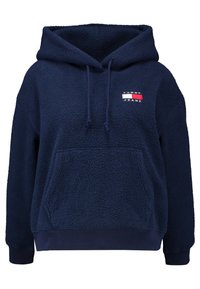 Felpa con cappuccio blu navy realizzata in tessuto morbido e testurizzato, presenta una tasca a marsupio frontale e un piccolo logo sul petto.