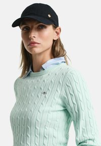 Maglione verde menta chiaro a treccia con scollo a coste, indossato sopra una camicia azzurro chiaro con colletto. Un berretto nero con accenti dorati completa l'outfit.