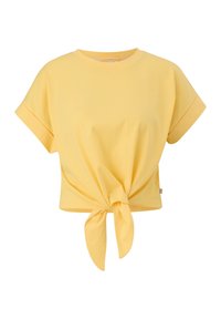 Crop top jaune à manches courtes avec revers roulés et nœud noué à l'avant.