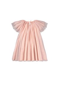 Robe rose pâle avec manches courtes à volants, dos échancré et jupe plissée. Confectionnée en matière légère et transparente.