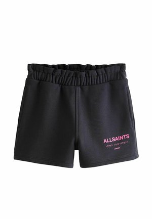 Schwarze Sweatshorts mit elastischem Bund, versehen mit einem pinkfarbenen "ALLSAINTS"-Logo und japanischem Text. Hergestellt aus weichem Stoff mit seitlichen Taschen.