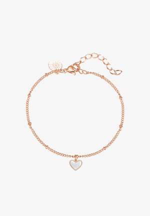 Bracelet en or rose avec une fine chaîne, doté d'un pendentif en forme de cœur avec un revêtement en perles. Comprend un fermoir réglable pour s'adapter à la taille.
