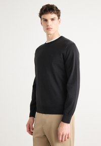 Pull en tricot noir avec un col rond, des manches montées et des finitions côtelées. Le tissu semble lisse et léger, idéal pour le superposition.
