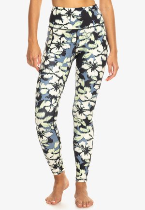 Floral print leggings featuring a high waistband, with a blend of black, blue, and cream colors. Stretchy fabric with smooth texture.