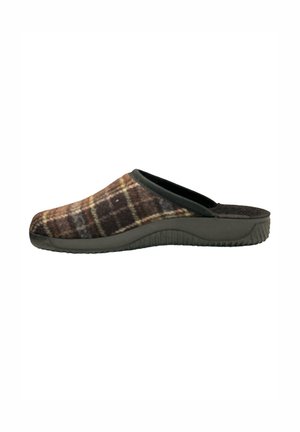 Stribede slip-on tøfler med en brun og beige farveskema, tekstureret uldoverdel, sort trim og en polstret gummisål.