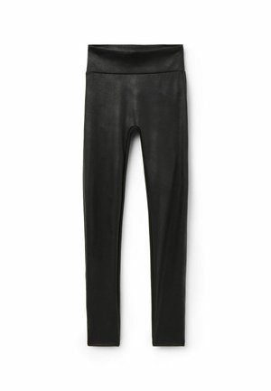 Schwarze High-Waist-Leggings aus glattem, dehnbarem Material, mit einer figurbetonten Passform und ohne sichtbare Nähte oder Taschen.