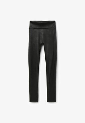 Black high-waisted leggings made of smooth, stretchy material, featuring a fitted design and no visible seams or pockets.
