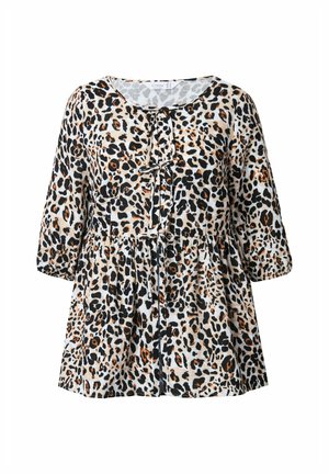 Top in stampa leopardata con maniche 3/4, scollatura rotonda e dettagli con coulisse nella parte anteriore. Realizzato in un tessuto leggero e testurizzato.