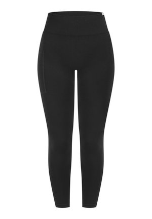 Sorte leggings med en høj elastiklinning, der har en sidelomme og en glat tekstur, designet til komfort og fleksibilitet.