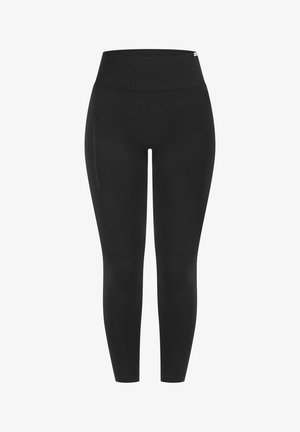 Schwarze Leggings mit einem hohen, elastischen Bund, ausgestattet mit einer Seitentasche und einer glatten Textur, entworfen für Komfort und Flexibilität.