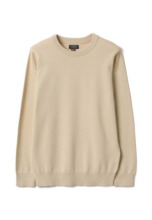 Beiger Langarm-Pullover mit Rundhalsausschnitt, gerippten Bündchen und Saum, flach auf weißem Hintergrund liegend.