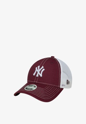 Maroon cap with a white mesh back. Features embroidered white logo and contrasting stitching. Curved visor and adjustable fit.