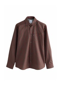 Camisa de manga larga a cuadros rojos y verdes, hecha de algodón, con cuello abotonado y un bolsillo en el pecho con un pequeño logo.