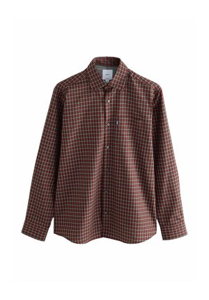 Red and green checkered long-sleeve shirt made of cotton, featuring a button-down collar and a chest pocket with a small logo.