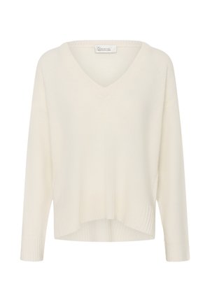 Suéter de cuello en V y mangas largas en color crema, elaborado con un material de punto suave. Cuenta con bordes acanalados y un ajuste ligeramente corto y relajado.