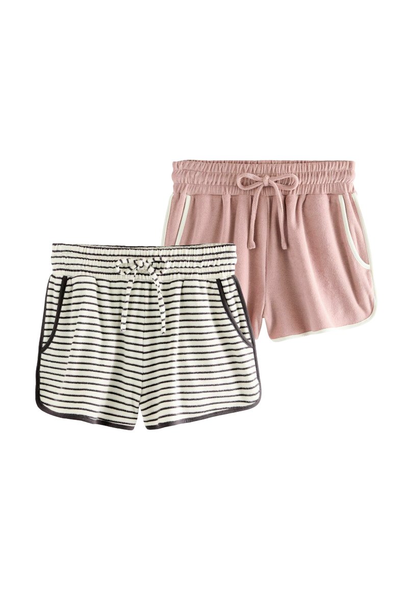 Två par shorts: ett par i ljusrosa med elastisk midja och snörning, det andra i randigt svart och vitt med sidfickor.