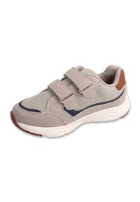 Szare buty sportowe z siateczkowym wierzchem, zamszowymi akcentami, podwójnymi zapięciami na rzepy, granatowymi detalami i teksturowaną gumową podeszwą. Brązowy akcent na pięcie.
