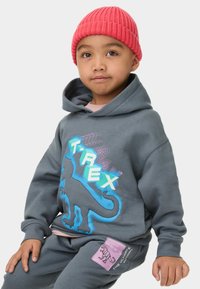Sudadera gris con gráfico de T-Rex y texto en azul brillante y verde. Combinada con pantalones sudadera grises a juego que presentan una etiqueta rosa y un dibujo animado. Gorro de punto rosa.