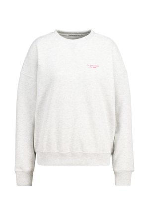 Light gray sweatshirt made of cotton blend fabric, featuring a crew neck, drop shoulders, and pink embroidered text on the chest.
