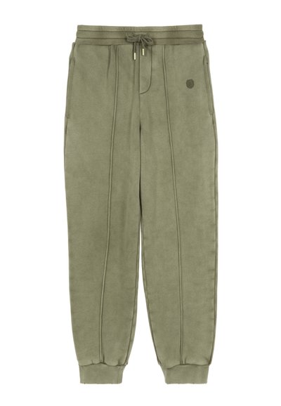 Olijfgroene sweatpants van zacht materiaal, met een touwsluiting in de taille, twee zijzakken en ribgebreide boorden met stikseldetails.