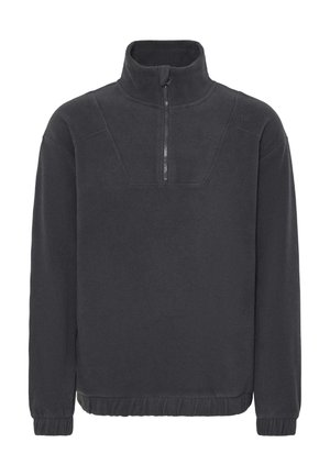 Dark gray fleece pullover with a high collar, half-zip front, and elasticized cuffs and hem. Features a textured, soft surface.