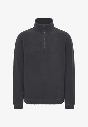 Dunkelgrauer Fleece-Pullover mit hohem Kragen, halbem Frontreißverschluss sowie elastischen Bündchen und Saum. Verfügt über eine strukturierte, weiche Oberfläche.