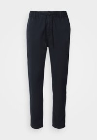 Pantalon slim bleu marine avec taille élastique et cordon noir, avec passants de ceinture et poches avant.