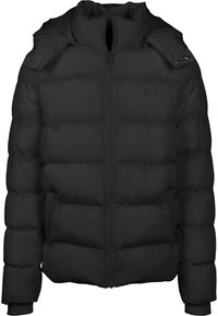 Doudoune noire avec un col haut, design matelassé horizontal, fermeture éclair à l'avant et détails à boutons-pression. Comprend des poches latérales.