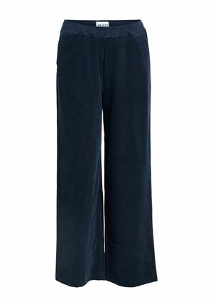 Hüfthose aus einem strukturierten Cord-Stoff in Marineblau mit einem elastischen Bund und seitlichen Eingrifftaschen.