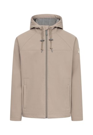 Beige Reißverschluss-Kapuzenjacke mit Kordelzug, zwei Fronttaschen und einem kleinen Logo-Aufnäher am oberen linken Ärmel.