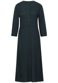 Abito lungo verde scuro con scollatura tonda, tre bottoni sul davanti e un laccetto in vita. Realizzato in tessuto testurizzato.