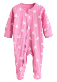Body pour bébé rose avec un motif d'étoiles blanches, texture côtelée, manches longues, design avec pieds et fermeture éclair à l'avant.