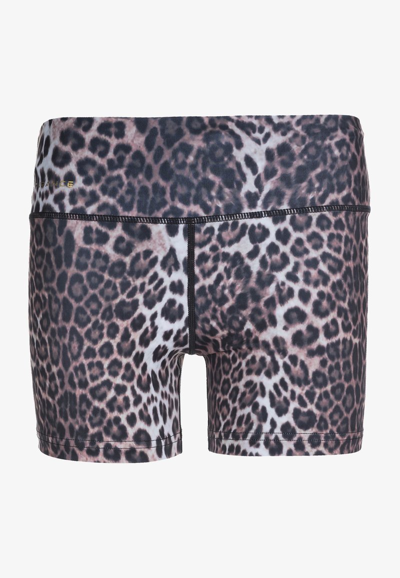 Leopardprint shorts gemaakt van rekbaar materiaal met een zwarte tailleband, voorzien van vlakke naden en een aansluitend ontwerp met een lengte tot halverwege de dij.