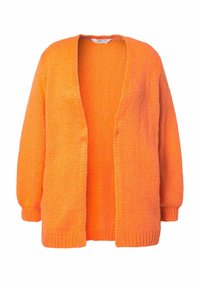 Cardigan décontracté surdimensionné à ouverture frontale dans un orange vif. Texture tricotée avec de longues manches et des poignets et un ourlet côtelés. Sans fermetures ni motifs.