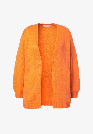 Oversized, open-front cardigan in bright orange. Knit texture with long sleeves and ribbed cuffs and hem. No fastenings or patterns.