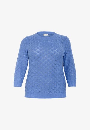 Light blue knitted sweater with a textured diamond pattern, 3/4 length sleeves, and a ribbed round neckline and hem.