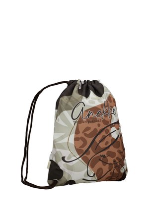 Zaino con coulisse con motivi astratti marroni, beige e neri, caratterizzato da un disegno stilizzato di un volto a linee e dal testo "Anekke Your uniqueness".
