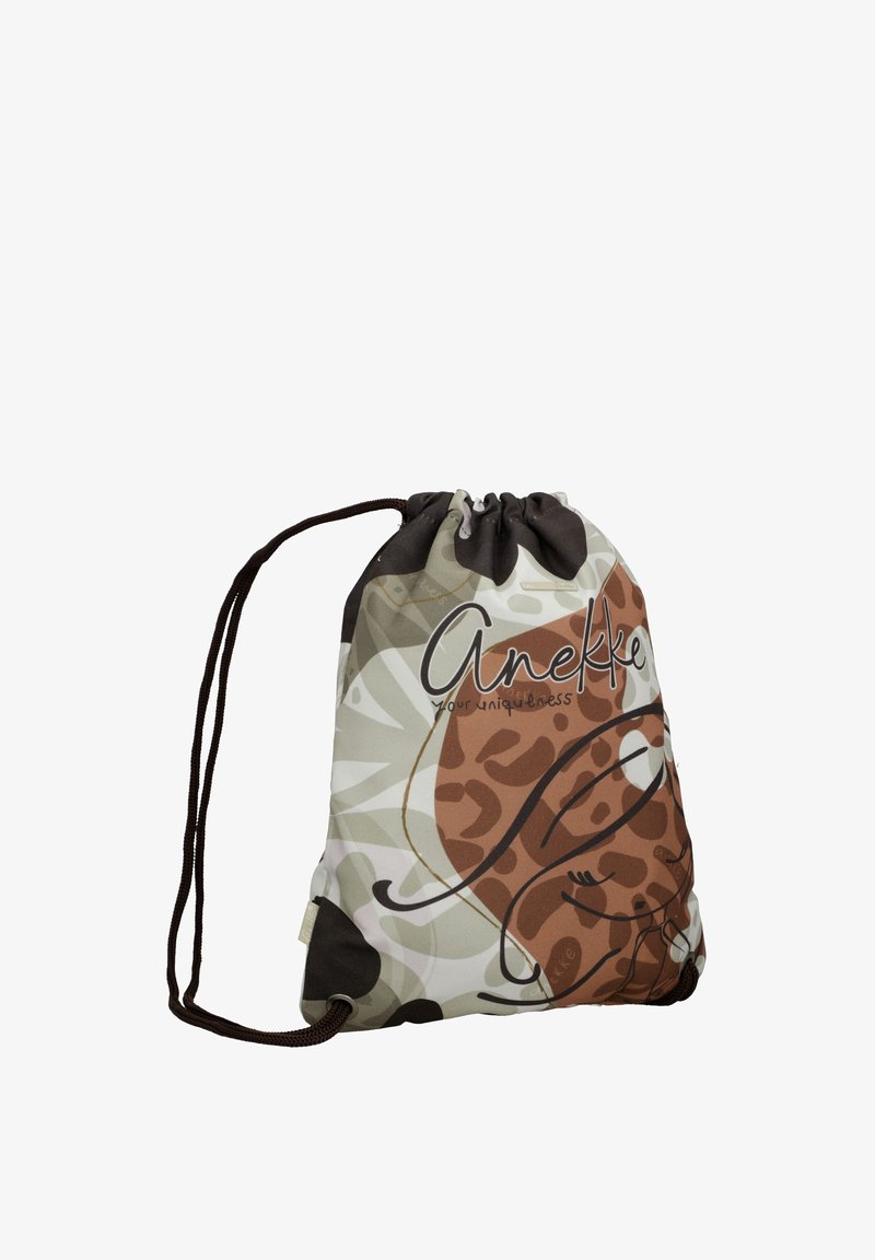 Sac à dos à cordon avec des motifs abstraits marron, beige et noir, ornée d'un dessin au trait stylisé d'un visage et du texte « Anekke Your uniqueness ».