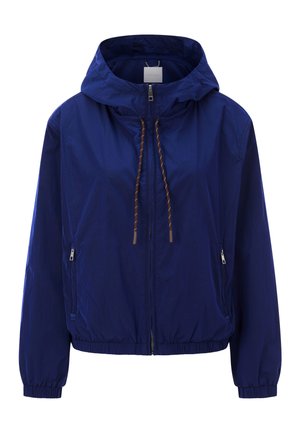 Blauwe gewatteerde windbreaker jas met capuchon, ritssluiting aan de voorkant, bruine trekkoorden, elastische manchetten en ritssluitingen aan de zijkanten.