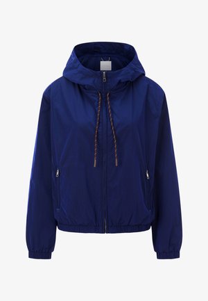 Blauwe gewatteerde windbreaker jas met capuchon, ritssluiting aan de voorkant, bruine trekkoorden, elastische manchetten en ritssluitingen aan de zijkanten.