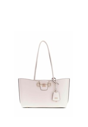 Borsa tote in pelle rosa chiarissimo con doppi manici a spalla, dettaglio fibbia color oro e targhetta con logo del marchio attaccata.