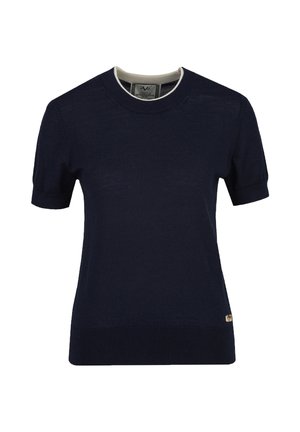 Marineblauer kurzärmeliger Strickpullover mit Rundhalsausschnitt und geripptem Bund, mit einem kleinen goldenen Logoetikett nahe dem unteren Saum.